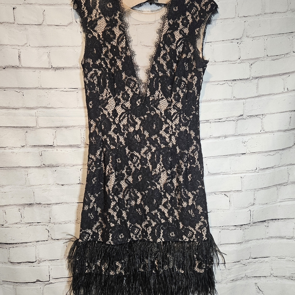 Aidan Mattox Lace and Feather Short Cocktail Open Back Dress Evening Gown US 8
